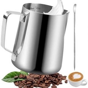 Omtofo Pichet Lait Inox, 550ml Pot à Lait Avec Lignes de Mesure et Latte Art Pen, Milk Frother, Pichets-mousseurs à lait pour Cappuccino, Expresso, Latte Art (PAHARNICU MIHAELA GABRIELA, neuf)