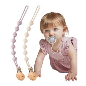 BebeCalin Attache Tetine en Silicone, lot de 2 Attaches Tétine pour Bébés Garçons et Filles, Pacifier Clip Chain, Garde la Tétine Propre, Douce et Flexible (Violet + Blanc Cassé) DL13H80 (MumEZ, neuf)