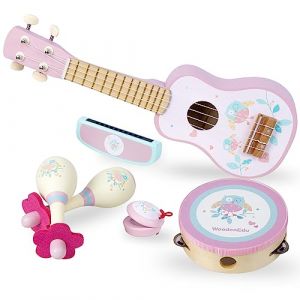 WOODENFUN Guitare pour enfant fille - Instrument de musique en bois - Jouet avec ukulélé, tambourin, maracas, harmonica, mini ruban - Pour les tout-petits de 2 à 3 ans - Cadeau d'anniversaire (rose) (KIDS TOYLAND, neuf)