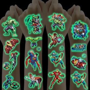 Tatouage Enfant,12 Feuilles Super H&eacute;ros Tatouage Ephemere Lumineux,Faux Tatouage Enfant pour Gar&ccedil;on Fille,Cadeau Enfants Invites d&eacute;coration de f&ecirc;te Petit Cadeau Pinata (AIU, neuf)