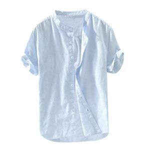 G&eacute;n&eacute;rique Chemise Lin Homme Manche Courte Col Mao Chemise &Eacute;t&eacute; Homme Leger en Coton Lin Chemise De Plage Classique Casual Shirt Chemises Boutonn&eacute;es Homme (OKrjhu, neuf)