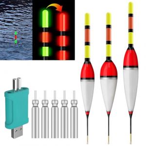 SKIKHN Bouchon Lumineux Peche,3 Flotteur Peche avec Chargeur de Batterie et 5 Piles bâton,Flotteurs de Pêche à LED,Flotteur Peche au Coup avec Boucle Alarme de Touche pour la Pêche en Mer (ENSHISHISHUBAODIANZISHANGWUYOUXIANGONGSI, neuf)