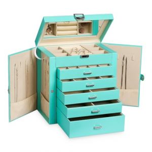 Frebeauty Grande boîte à bijoux, organiseur à bijoux en similicuir à 6 niveaux avec serrure - Étui de rangement multifonction avec miroir et 5 tiroirs pour boucles d'oreilles, colliers, bracelets, (Frebeauty Europe, neuf)