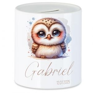Tirelire pour enfant avec nom, personnalisable, motif animal, chouette, cadeau pour anniversaire, No&euml;l, naissance et bapt&ecirc;me &ndash; Tirelire en argent et exauceur de souhaits (Kiddle-Design, neuf)