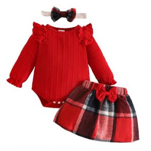 LUVCES Ensemble Nouveau-n&eacute; Fille Tenue d'Automne Hiver Manches Longues Body Tricot&eacute; avec Jupe &agrave; Carreaux 3 Pi&egrave;ces Vetement Bebe Fille de No&euml;l 3Pcs Rouge 3-6 Mois (SANYI FASHION, neuf)