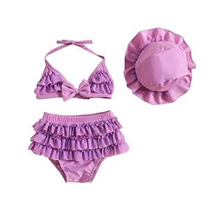 Maillot de Bain Nouveau-n&eacute; B&eacute;b&eacute; Fille 3 Pi&egrave;ces Floral Bikinis Triangle Top Culotte &agrave; Volants + Casquette de Protection Solaire Costume de Natation Plage Piscine (a-Violet, 0-6 Mois) (Haikouxunchuanhandianzishangwuyouxiangongsi, neuf)