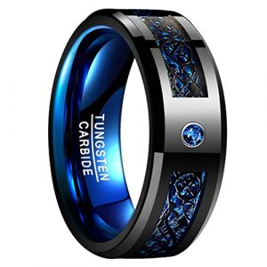 Bague Homme Gravée en Carbure de Tungstène, Anneau Dragon Celtique avec Zircon, 8 mm, Alliance de Mariage Noir et Bleu Taille 78(24.83) (NUNCAD FR, neuf)