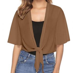 Boléro cardigan d'été en mousseline de soie pour femme - Boléro décontracté à manches mi-longues - Cardigan léger à nouer sur le devant - Veste courte transparente pour fête de mariage, 11 - Marron (Wtinfer ⭐⭐⭐⭐⭐ 5, neuf)