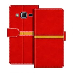 ESACMOT Étui Portefeuille Cuir Compatible avec Samsung Galaxy Core Prime Design Rayures Horizontales Coque Flip Protectrice Fente Carte Fermeture Magnétique (Rouge) (TomCase, neuf)