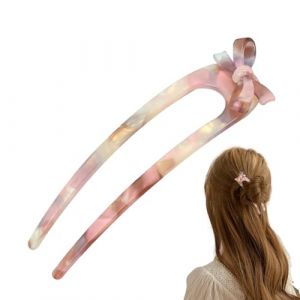 Épingle à cheveux en forme de U française,épingle à cheveux française en forme de U, Bâton de cheveux à griffes, Épingle à cheveux en acétate de cellulose avec nœud papillon, épingle à cheveux à 2 bro (Mottled time, neuf)