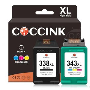 COCCINK 338XL 343XL Cartouches d'encre Remanufactur&eacute;es Cartouche pour HP 338 et 343 Noir et Couleur Photosmart B8330 B8350 2605 2710 Deskjet 460 5740 6520 Officejet H470 6210 6213 7210 PSC 1600 1610 (COCCINK FR, neuf)