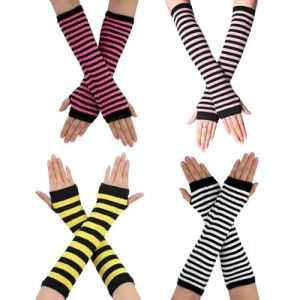 JEYORZY Lot de 4 paires de mitaines longues pour femme - En tricot ray&eacute; - Mitaines &agrave; manches longues pour l'automne et l'hiver, multicolore (Wacicy EU, neuf)