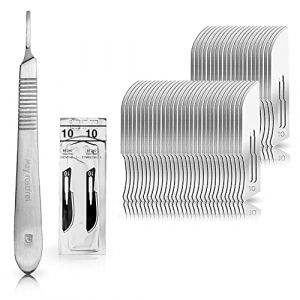 Set avec 50 x lames de scalpel N° 10 - Lame chirurgicale stérile en acier au carbone et 1 x manche de scalpel Figure N° 3 en acier inoxydable (Instruments en acier inoxydable de marque May, neuf)