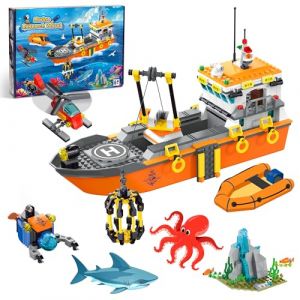 AKWME City Ocean Explorer Bateau Jeu de Construction, Jouet Construction Bateau Exploration avec lumières LED, Hélicoptère, sous Marin et Cage Requin, Cadeau Noël Anniversaire 6-12 Ans Garcon Enfant (zingGO toys, neuf)