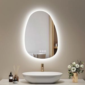 EMKE Miroir Salle de Bain avec éclairage 65 x 45 cm, Miroir LED asymétrique avec Anti-buée, 3 Couleurs de lumière réglables,luminosité réglable,IP44,Extinction Automatique après 3 Heures (EMKE, neuf)