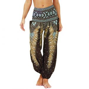 Nuofengkudu Femme Harem Pantalon Sarouel Thaïlandais Hippie Baggy Léger Boho Ethnique Smockée Taille Haute avec Poches Yoga Pants Été Plage(Y-Modèle I,Taille Unique) (better Life, neuf)