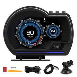 Voiture HUD Double Système Affichage Tête Haute Numérique OBD2/GPS Compteur de Vitesse, Jauge Intelligente Voiture HUD Compteur de Vitesse Turbo RPM Alarme pour Camion de Voiture (zilonou, neuf)