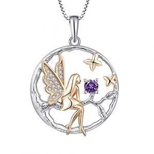 Collier FJ avec pendentif ange gardien en argent sterling 925 - Cha&icirc;ne avec pendentif ange pour femme - F&eacute;e papillon - Collier arbre de vie avec pierre de naissance en zirconia - Bijoux cadeaux pour (Farjary Jewelry, neuf)