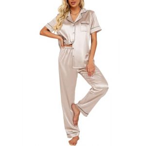 Ekouaer Pyjama Femme Satin Ensembles de Pyjama Sexy Chic Vêtements de Nuit Manches Courtes Pyjashort Femme Soie Été, Champagne, XL (Ekouaer EU, neuf)