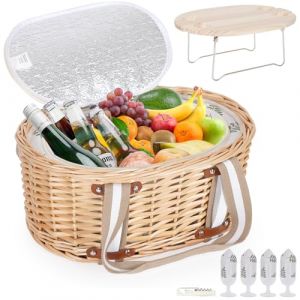 Panier de Pique-Nique Zettfuly pour 4 Personnes - Panier en Osier Isotherme avec Table &agrave; vin Pliante, kit de Pique-Nique &agrave; vin avec Doublure pour Couples, Camping, ext&eacute;rieur, Saint-Valentin (Feuille) (Carforce, neuf)
