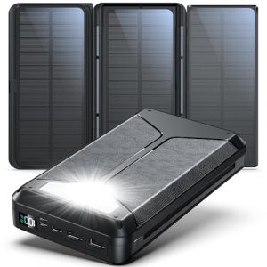 Batterie Externe 63200mAh Solar Powerbank sans Fil avec 3 Panneaux Solaires Pliables, Charge Rapide PD22.5W 5 Ports, Lampe de Poche &Eacute;cran LED, Batterie Solaire Haute Capacit&eacute; pour Outdoor (ALiSen, neuf)