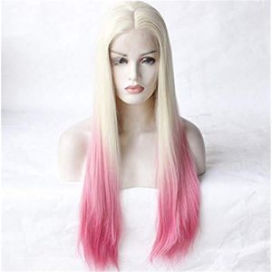 Perruques Avant Perruques Synth&eacute;tiques Couches De Cheveux Raides Densit&eacute; 150% Cheveux Artificiels Dame Blanc/Rose Perruque De Dame Longueur Moyenne Dentelle, 22 Pouces (28 Pouces) (ydxdsp, neuf)