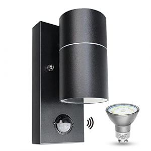 Wondlumi Applique Murale Exterieur/Intérieur Détecteur de Mouvement Noir 5W,Luminaire Exterieur LED Moderne GU10 500lm Blanc Chaud 3000K IP44 Étanche 1x GU10 Ampoule (Kaihui-EU, neuf)