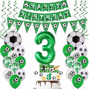 Décoration 3 ans de football,Decoration Anniversaire Football 3 ans,Ballon de foot 3 ans anniversaire,3 ballon de foot Déco vert, 3 ans décoration de gâteau de football,Anniversaire Foot 3 (Yishamei, neuf)