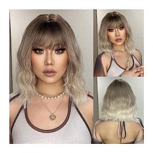 Perruques de cheveux humains 14 pouces Court Ondulé Gris Blonde Ombre Perruques Synthétiques avec Frange Cosplay Ash Brown Bob Perruque for Femmes Quotidien Cheveux Naturels Résistant À La Chaleur Per (linjie20248, neuf)