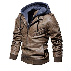 KUKICAT &agrave; Capuche Blouson Cuir Homme Jacket Cuir Biker,Hiver Oversize R&eacute;tro Chaud Veste en Cuir Plus Velours Manches Longues Veste Style Motard &agrave; Col Slim Vintage Blouson de Motard Casual (XIAOSUZHOUDD, neuf)