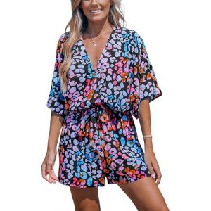 CUPSHE Combinaison pour femme avec encolure en V, d&eacute;coupe en dentelle, manches dolman imprim&eacute;es l&eacute;opard, jambes larges et courtes, d&eacute;contract&eacute;e, rose/bleu, S (CUPSHE FR, neuf)