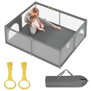 Eikuavons Parc b&eacute;b&eacute; XXL 150 x 180 x 60 cm avec filet respirant en tissu Oxford 210D, portable, avec 2 anneaux de traction et porte zipp&eacute;e, gris (KaiYuan-EU, neuf)