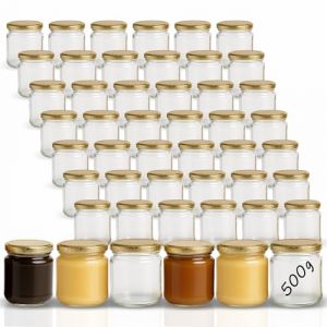 gouveo Lot de 48 Pots à Confiture 500g «Miel» avec Couvercle à Vis Nid d'Abeille - Pots de Conservation avec Bouchon à Vis TO82 - Pots de Conservation Vides, Pots à Vis (HGTO500BW) (flaschendiscount, neuf)