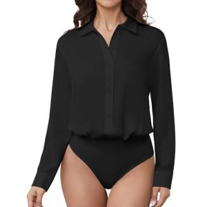 ticticlily Chemisier Femme Body Chemise à Manches Longues Col V avec Boutonné Bodys Haut Tops Business Chic Élégant A Noir XL (Flowers blossoming, neuf)