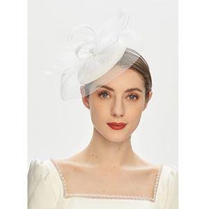 Chapeau bibi pour femme - En maille - Avec plume en organza - Accessoire de cheveux pour anniversaire, femme, anniversaire, go&ucirc;ter - Accessoire festif - Blanc - Taille unique (jksmyx, neuf)