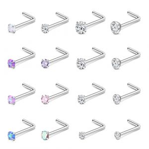 Finrezio 16 Pcs 18/20G Piercing Nez Acier Chirurgical Forme de L Piercing de Nez pour Femme Hypoallerg&eacute;nique Argent Clou de Nez Color&eacute; Diamant CZ Piercing Bijoux (Finrezio Jewelry, neuf)