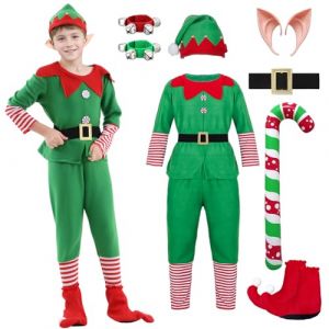 HarnyLoom Costume Lutin Femme Homme Deguisement Elfe Noel Enfant Robe Vert Rouge Elfe Chaussettes Oreilles d'elfe Ceinture Adulte Gar&ccedil;on Fille Cosplay (Enfant-Gar&ccedil;on, 120) (HarnyLoom, neuf)