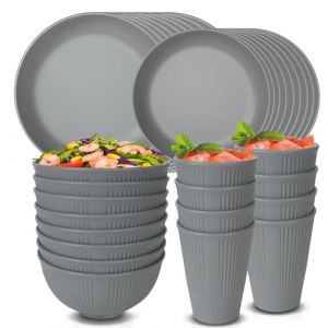 Ensembles de vaisselle incassables pour 8 personnes, assiettes et bols en plastique, ensemble de vaisselle réutilisable, service de table de camping à la maison, 16 assiettes, 8 bols, 8 tasses (Hoteck.Fr.Store, neuf)