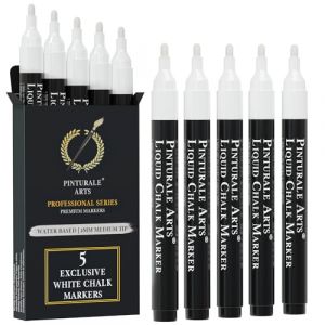 Pinturale Arts Set 5 Feutre Blanc Effacable Pour Tableau Noir | Pointe 2mm | Feutre Craie Effacable Tableau Noir | Stylo Craie Blanc Pour Vetre, Virre, Ardoise (Leonition, neuf)