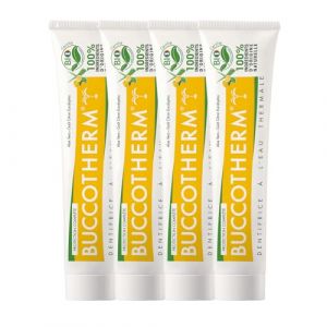 BUCCOTHERM | Dentifrice Protection Compl&egrave;te Bio | Soin Dentaire Naturel au Citron & Eucalyptus &ndash; Eau Thermale & Aloe Vera | Pr&eacute;vention des Caries &ndash; Haleine Fra&icirc;che | Lot de 4x75ml (Cosmeco, neuf)