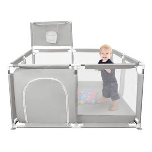OHMG 180X120CM Parc Bebe,Parc Enfant,Grand Parc Bebe avec Barrières,Parc Bébé en Tissu Oxford, Parc De Jeux Bébé pour Appartement,Basketball Rack,50 Balles,4 Anneaux (Gris clair, 126 * 126 * 66cm) (jusiZL, neuf)
