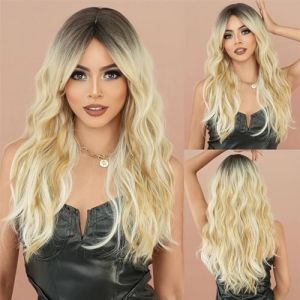 pruiken Perruque longue ondulée gris violet for femmes Cosplay fête quotidienne teinture aérienne perruques ondulées(Golden yellow) (yichanggeng, neuf)