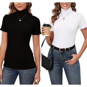 Pull Col Roulé Femme Chaussette Body Tricot Léger Manches Courtes Tee Shirt Top Haut Ajusté Moderne Col Montant sous Pull Basique Pullover Laine Vintage Chic Hiver Automne Printemps Noir+Blanc L (ANXINDA, neuf)
