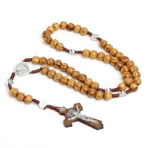 Chapelet Collier Croix Chretienne Homme Femme Marron Collier Chapelet Catholique Médaille Crucifix en Bois Rosaire de Prière, Saint Benoît Communion Religieuse, Baptême, Messe, Bible (crsqx, neuf)