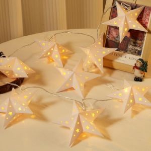 Lewondr Guirlande Lumineuse &Eacute;toiles Sur Piles 20 LED, 10,33 FT Guirlande &Eacute;toiles En Papier Suspendue Avec Fonction Minuterie, Avec D&eacute;coupes Pour D&eacute;coration Mariage No&euml;l (Showmore EU, neuf)