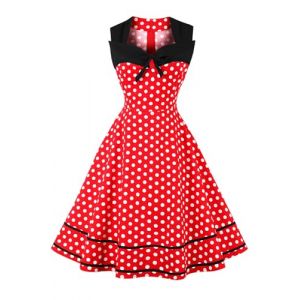 AXOE Femme Robe Vintage Années 50 60 Motifs Pois ou Uni Taille Haute Coupe A Robe Cocktail Soirée Ville Coton Élastique Rouge et Blanc, Taille 46, XXL (AXOE-FR, neuf)