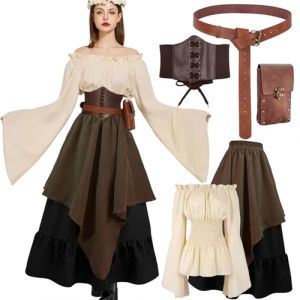 D&eacute;guisement M&eacute;di&eacute;val Femme, Robe longue style Renaissance avec corset, blouse &agrave; &eacute;paules d&eacute;nud&eacute;es, ceinture et bourse vintage, Costume victorien pour Carnaval, Cosplay et F&ecirc;te m&eacute;di&eacute;vale (Brown, S) (ToyVibe, neuf)