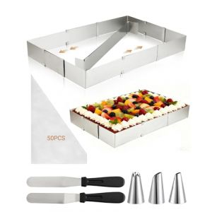 Cadre p&acirc;tisserie rectangulaire r&eacute;glable, Moule &agrave; g&acirc;teau rectangulaire en acier inoxydable, moule g&acirc;teau rectangulaire avec s&eacute;parateur, spatule, poche &agrave; douille et douilles, pour p&acirc;tisserie (TOMAINO S.R.L., neuf)