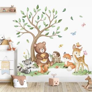 wondever Stickers Muraux Animaux For&ecirc;t Arbre Autocollants Muraux Mural Stickers Ours Cerf Renard pour Chambre Enfants B&eacute;b&eacute; P&eacute;pini&egrave;re (Wondever EU, neuf)