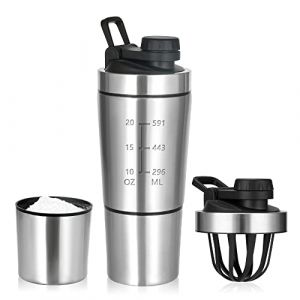 ROCKY&CHAO Shaker à protéines en acier inoxydable - 700 + 200 ml - Avec compartiment à poudre - Pour le sport, le fitness - Bouteille de protéines (avec couvercle à bouton) - En acier inoxydable (Myriad Choices, neuf)